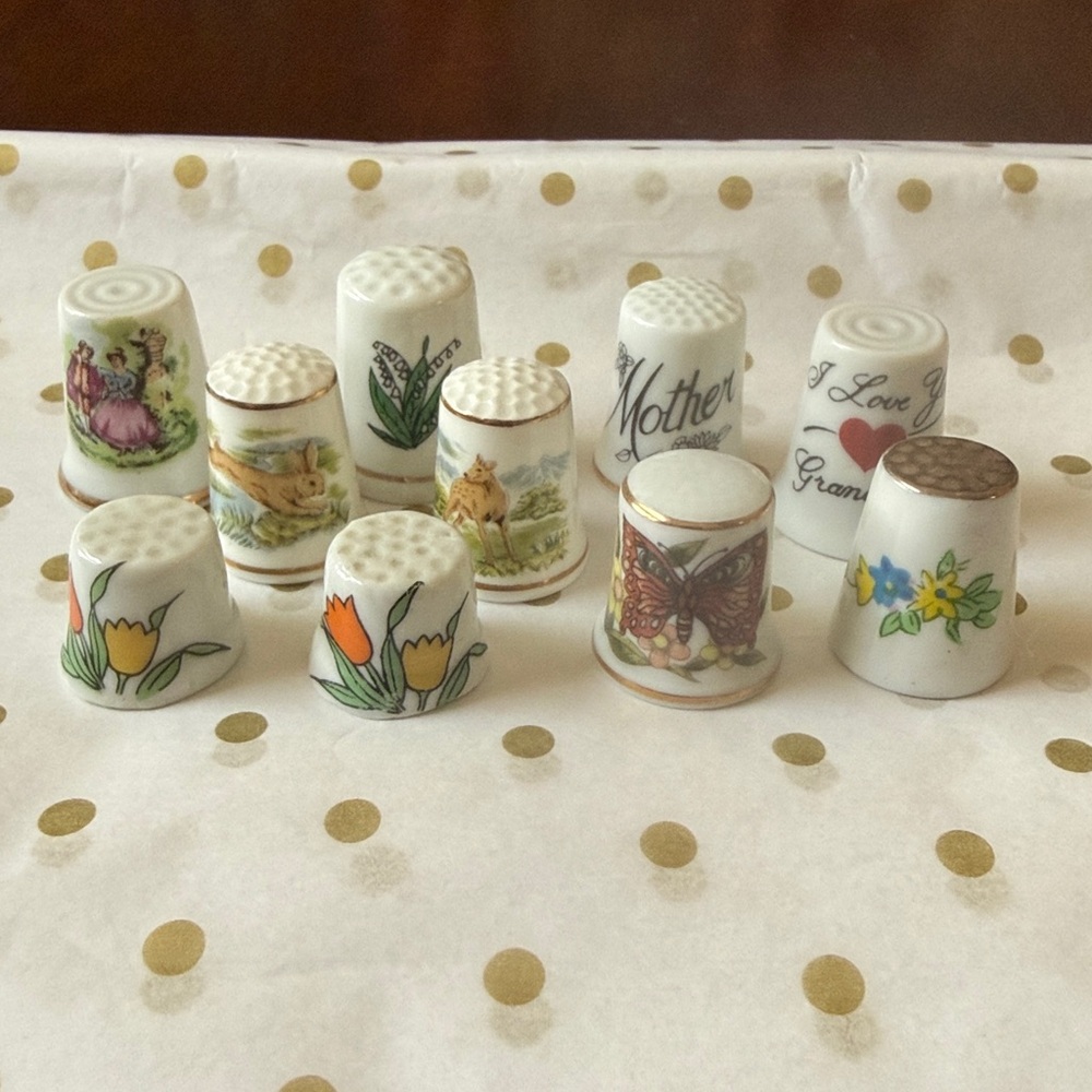 Set of 10 Decorative Porcelain Thimbles collectible floral butterfly mother